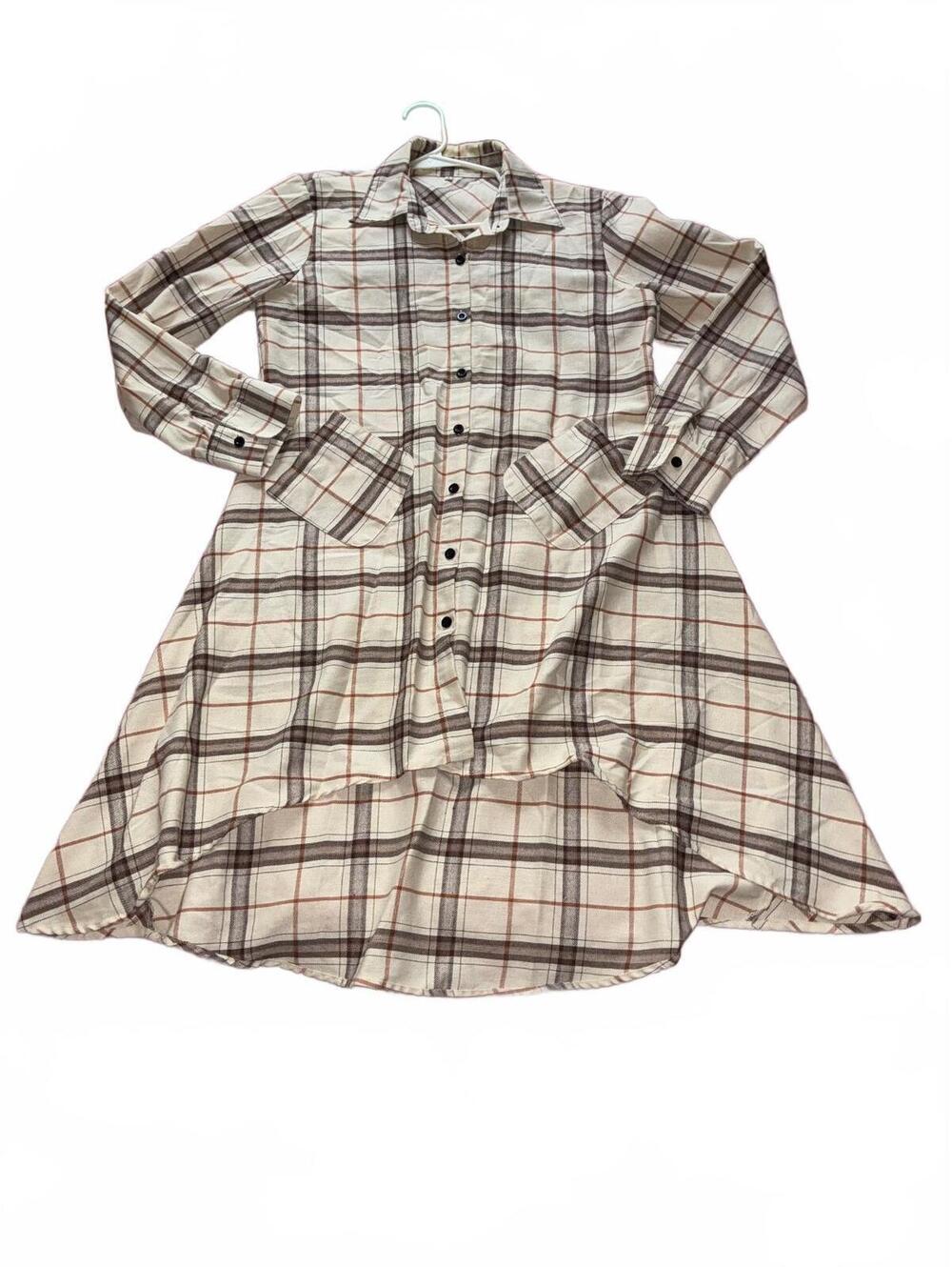Asymmetrical Hem Plaid Long Sleeve Shirt Dress Tunic Flannel Style